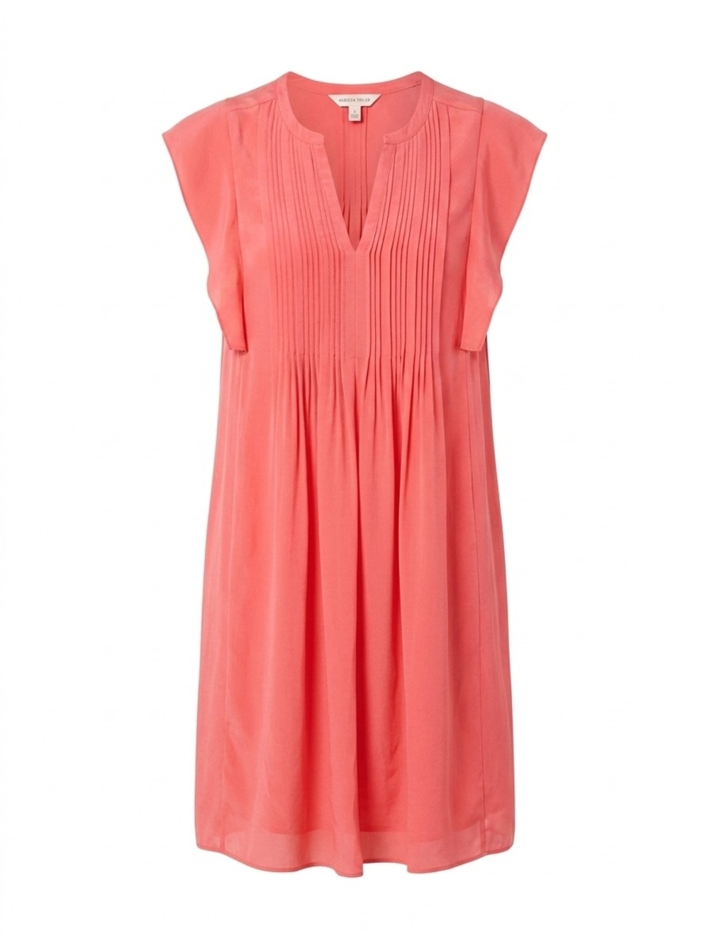 Rebecca Taylor Dress Coral Orange Silk Pintuck Pleated V-Neck Cap Sleeve Size 4